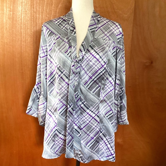 VTG SUNNY LEIGH PLUS 1X 100% SILK BLOUSE PURPLE SILVER GEOMETRIC PRINT - Picture 1 of 7